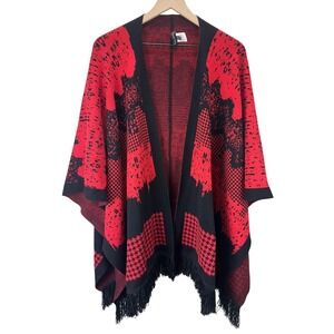 MING WANG Women One Size Red Black Abstract Print Fringe Kimono Poncho Sweater